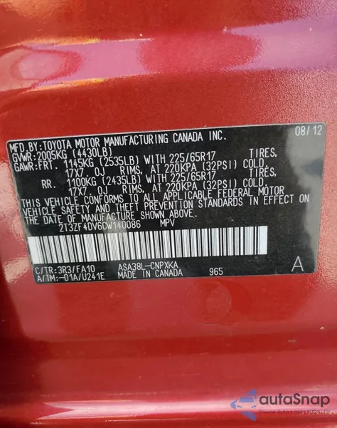 2012 Toyota Rav4 from USA, damaged, VIN 2T3ZF4DV6CW140086
